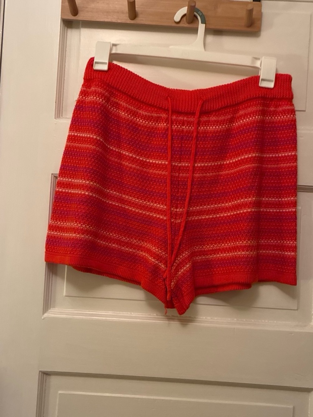 Bright Red Striped Knit Skort Shorts with Drawstring